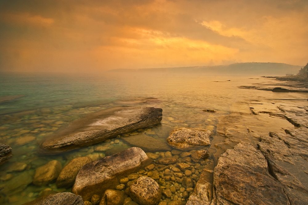 Art Print: Canada-Ontario-Morning fog on Georgian Bay Limestone Rock Barrow Bay Bruce Peninsula