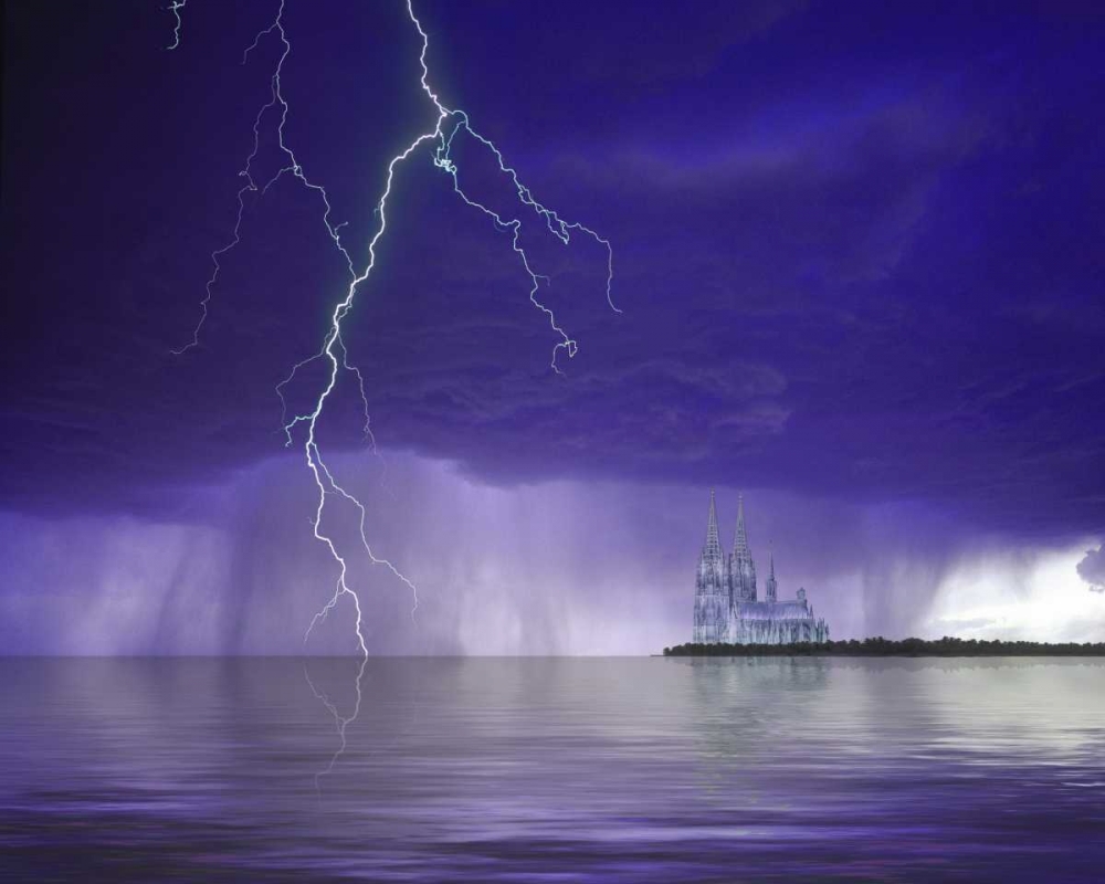 Art Print: Gantasy cathedral, lightning and water