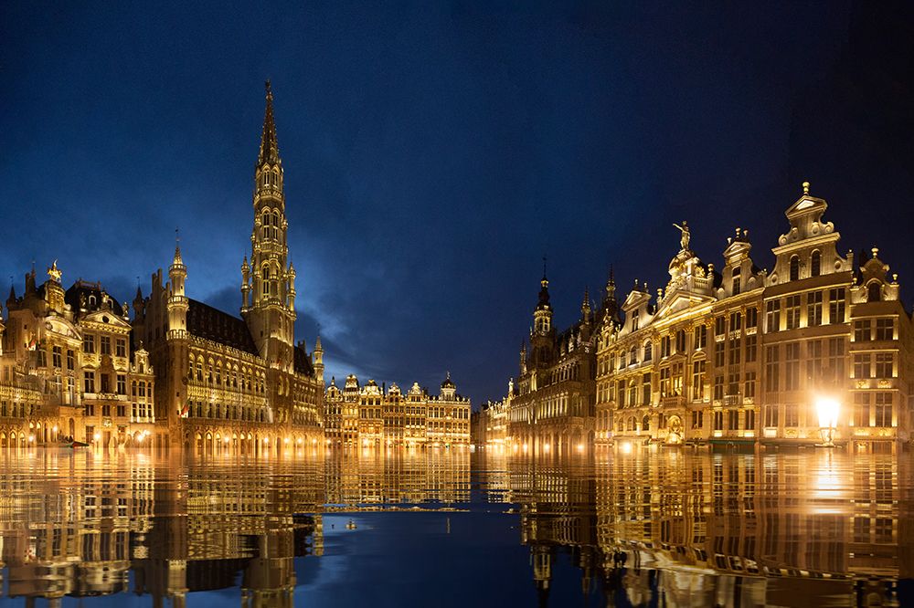 Art Print: Belgium-Brussels. Grand Place main square lit at twilight.