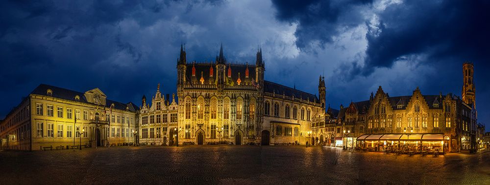 Art Print: Belgium-Brugge. Panoramic of medieval architecture and square at night.