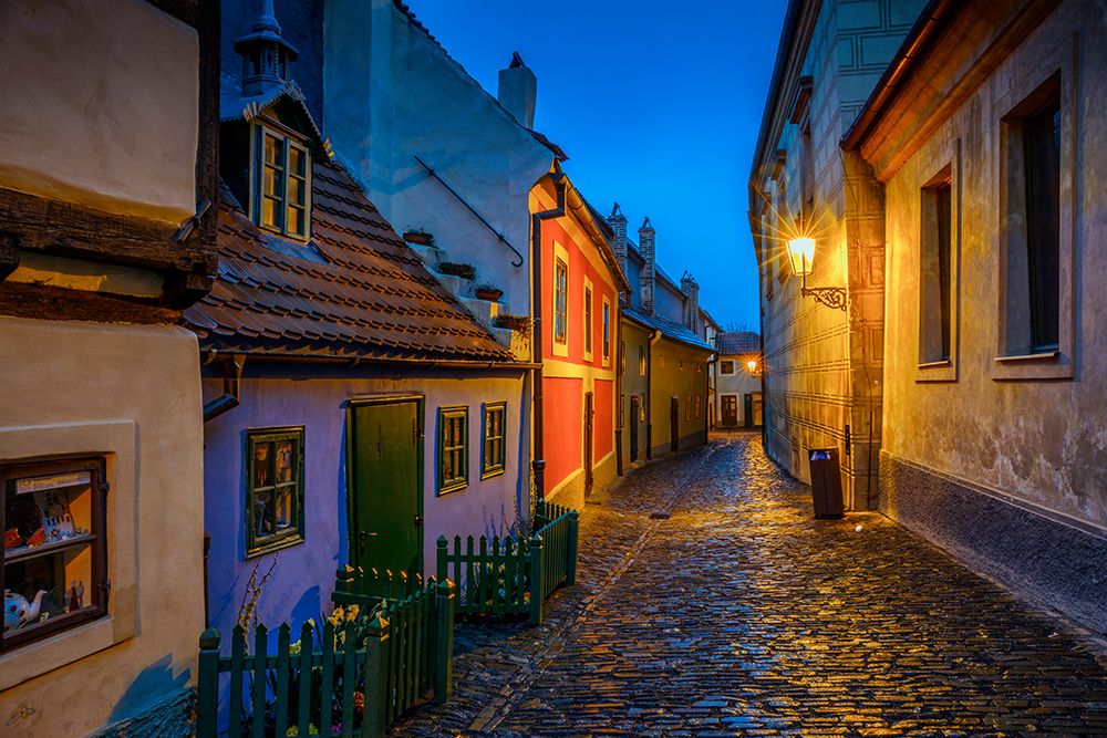 Art Print: Europe-Czech Republic-Prague-Golden Lane buildings and street at night