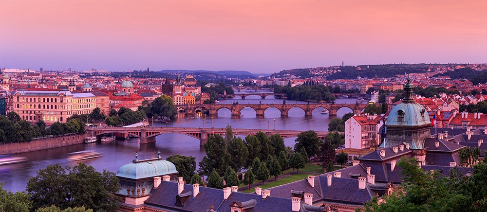 Art Print: Europe-Czech Republic-Prague-Panoramic overview of Vltava River and bridges