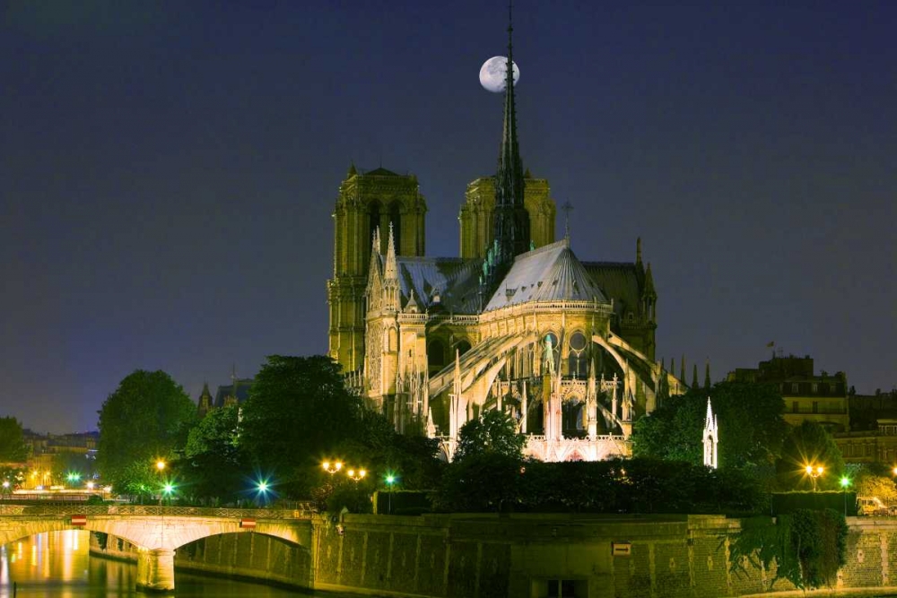 Art Print: France, Paris Full moon over Notre Dame
