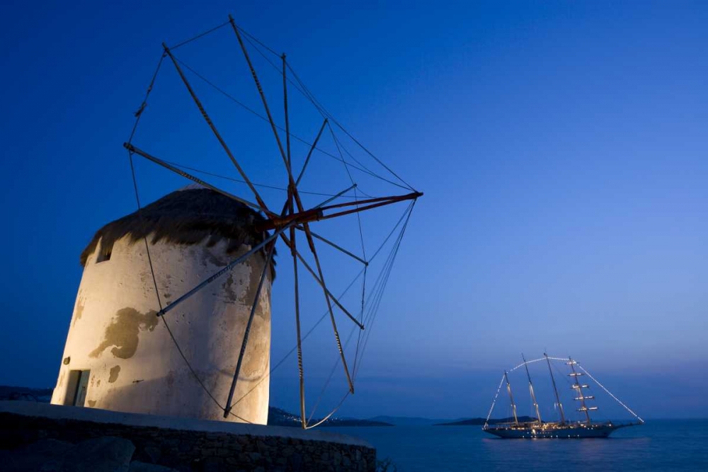 Art Print: Greece, Mykonos, Hora Windmill and luxury yacht