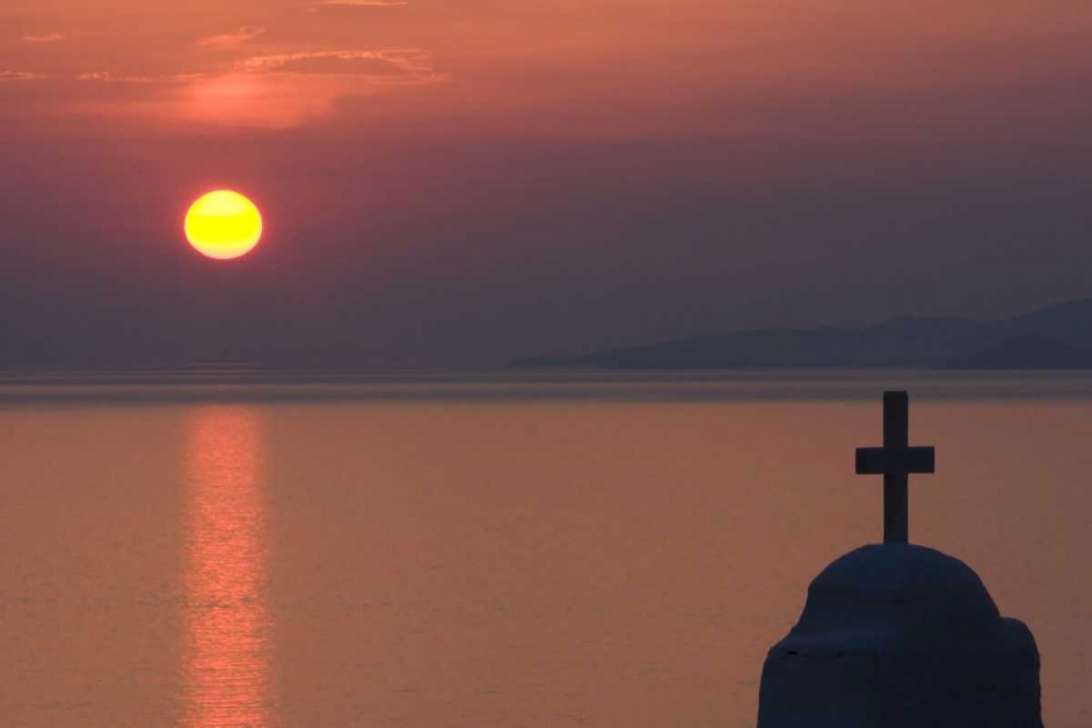 Art Print: Greece, Mykonos Greek Orthodox church, sunset