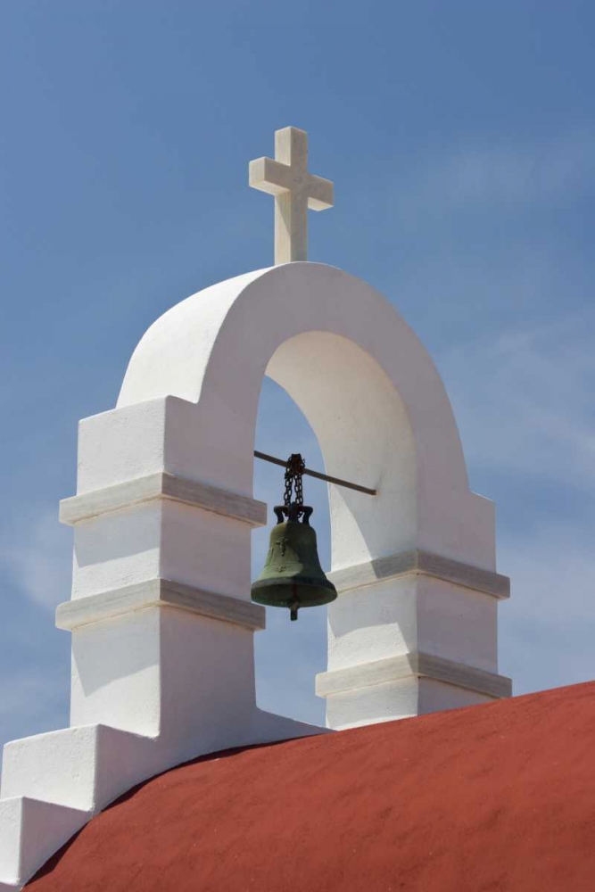 Art Print: Greece, Mykonos, Hora White bell tower of church
