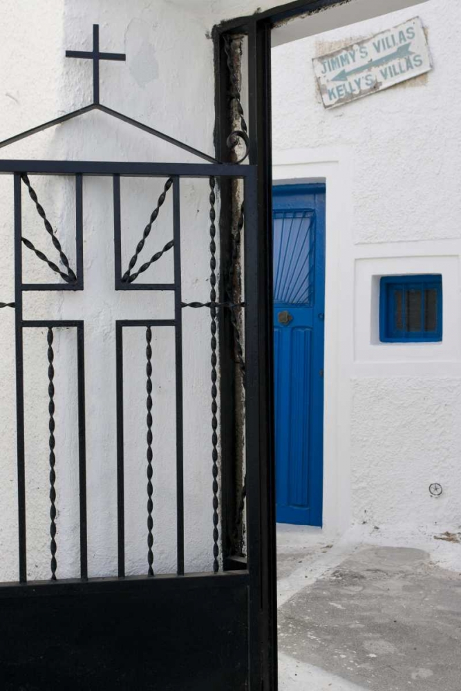 Art Print: Greece, Santorini Black iron church gate