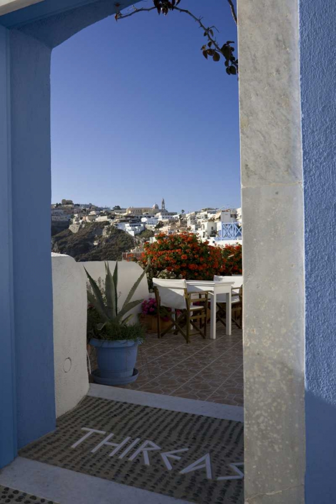 Art Print: Greece, Santorini Doorway to balcony tables