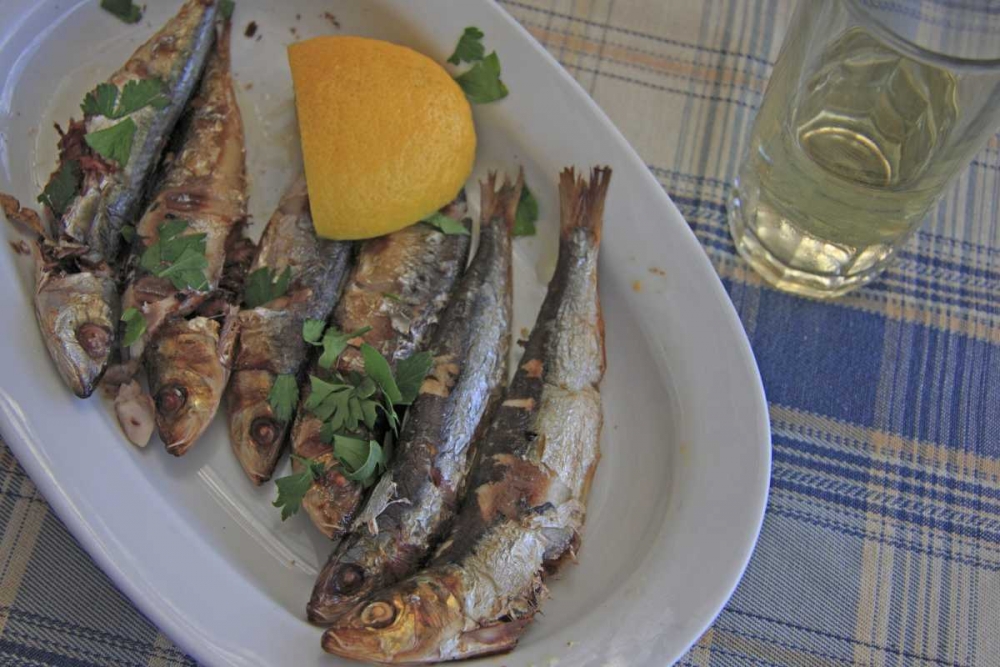 Wall Art Painting id:131320, Name: Greece, Paros, Naoussa Fresh cooked fish, Artist: Noble Gardner, Nancy