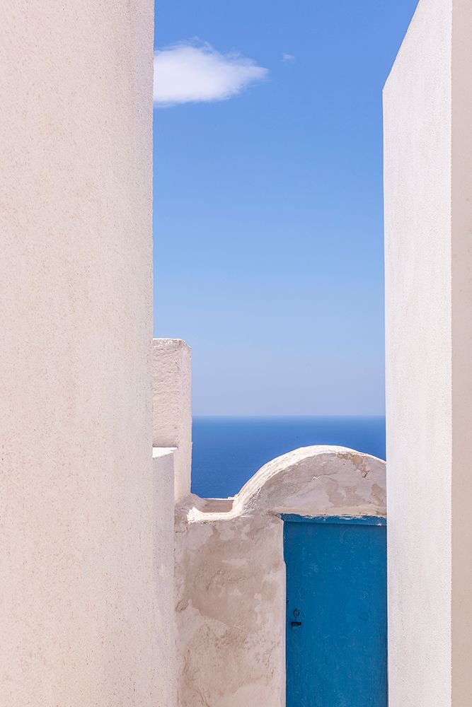 Art Print: Europe-Greece-Thirasia-White building and blue door and ocean