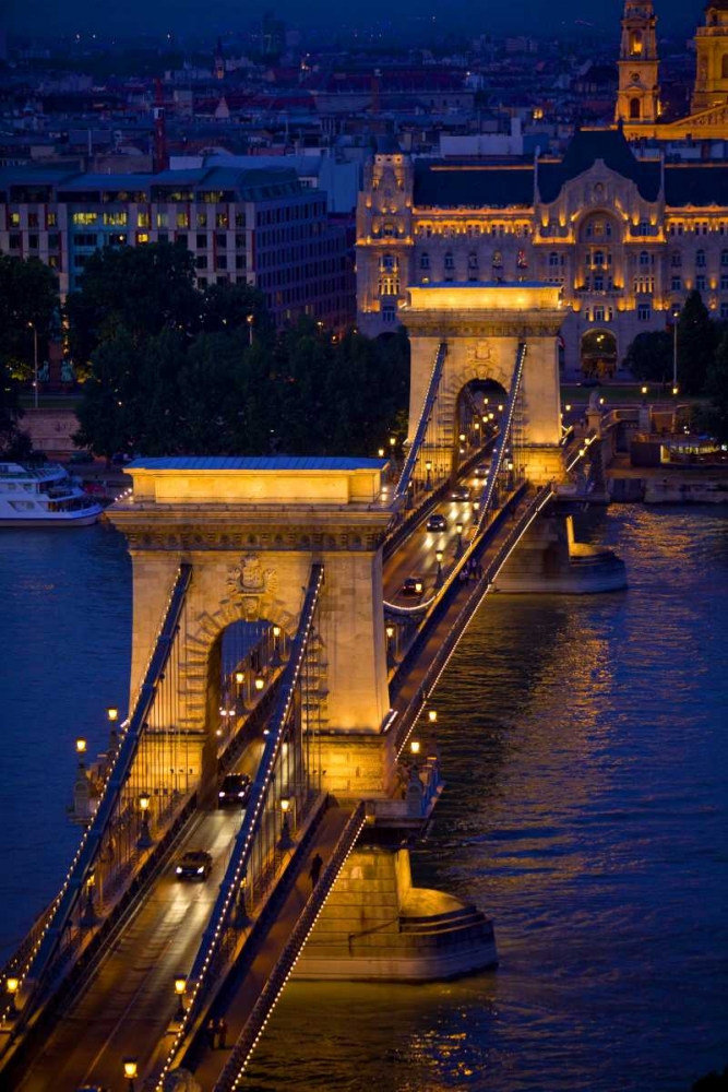 Art Print: Hungary, Budapest Chain Bridge lit at night