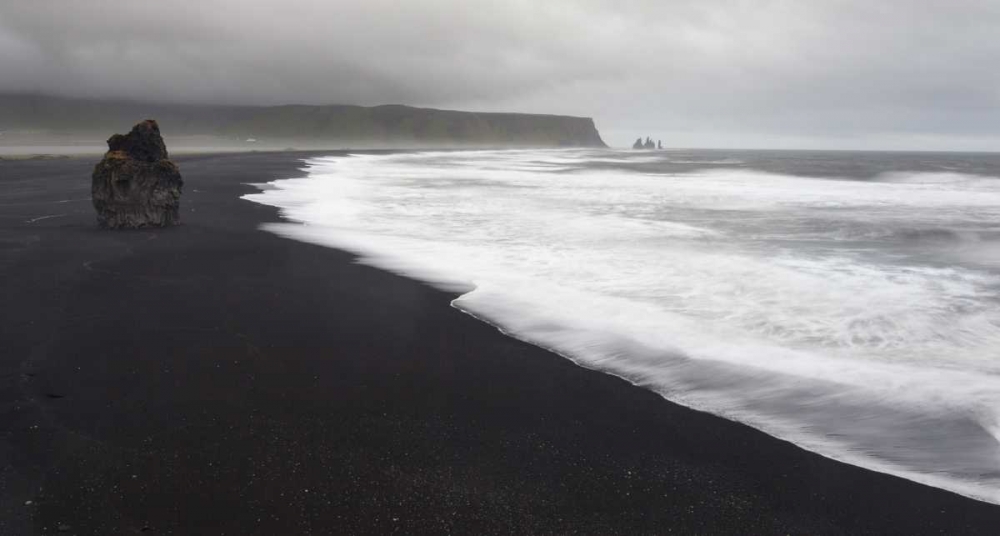 Art Print: Iceland, Vik black sand beach on rainy day