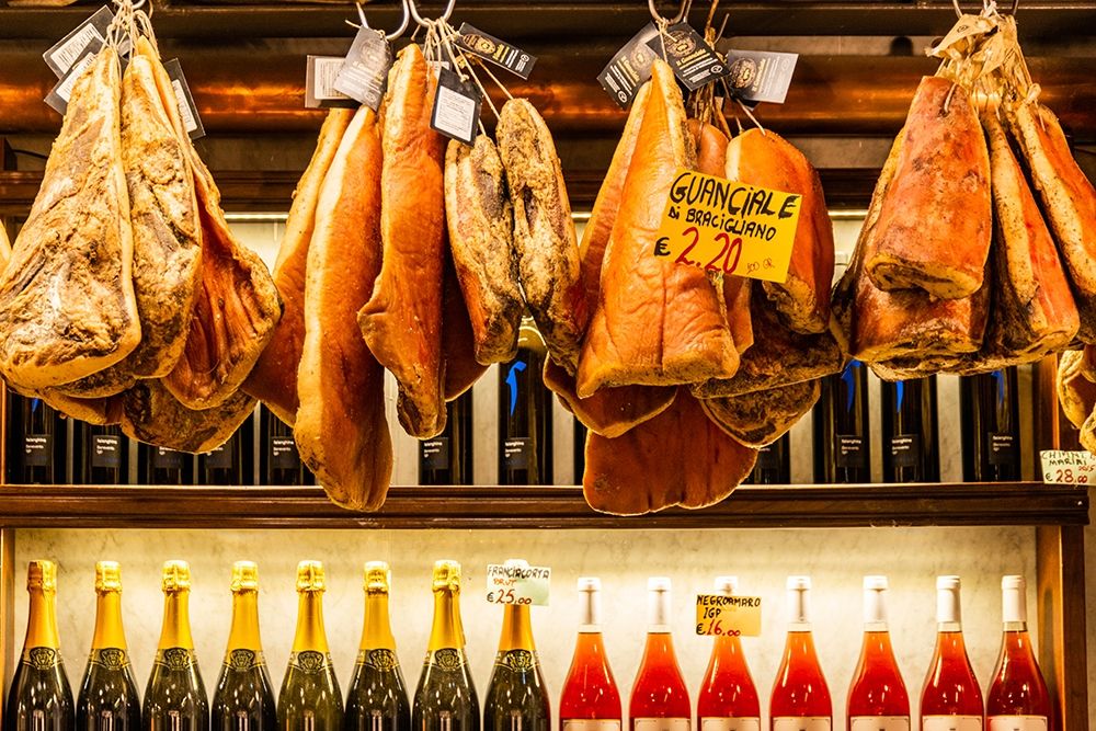 Wall Art Painting id:402867, Name: Italy-Rome Piazza della Rotunda-meat (hams) and wine for sale at Salami Antica, Artist: Jones, Alison