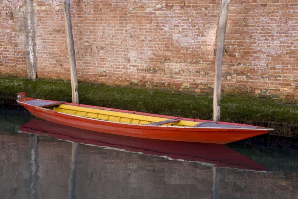 Art Print: Italy, Venice Red boat reflecting in a canal