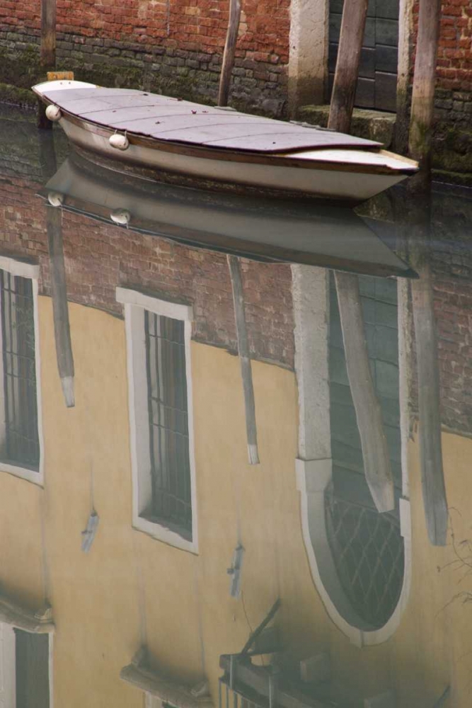 Art Print: Italy, Venice Building and boat reflections