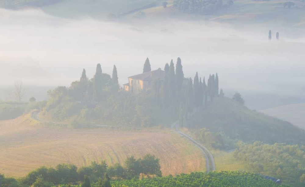 Art Print: Italy, Tuscany Belvedere house in morning fog