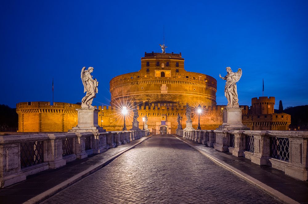 Art Print: Europe-Italy-Rome-Bridge to Castel SantAngelo lit at night