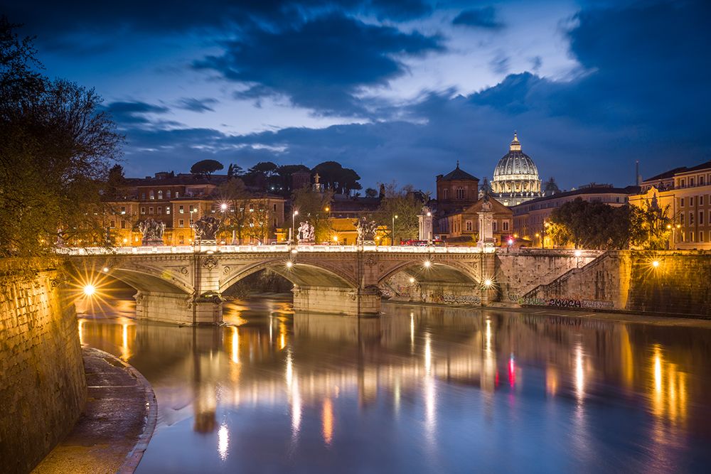 Art Print: Europe-Italy-Rome-Dome of Sistine Chapel with Tiber River and bridge lit at sunset