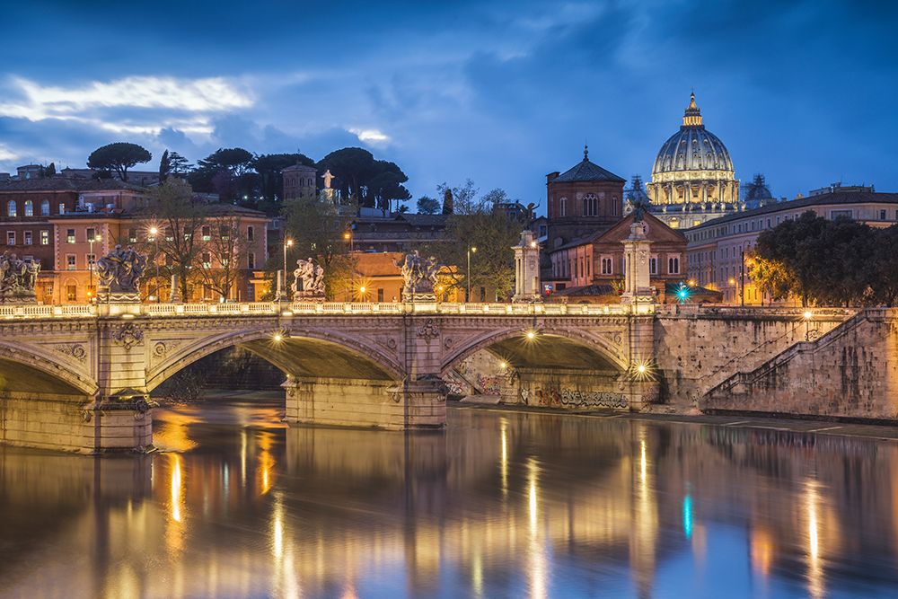 Art Print: Europe-Italy-Rome-Dome of Sistine Chapel with Tiber River and bridge lit at sunset