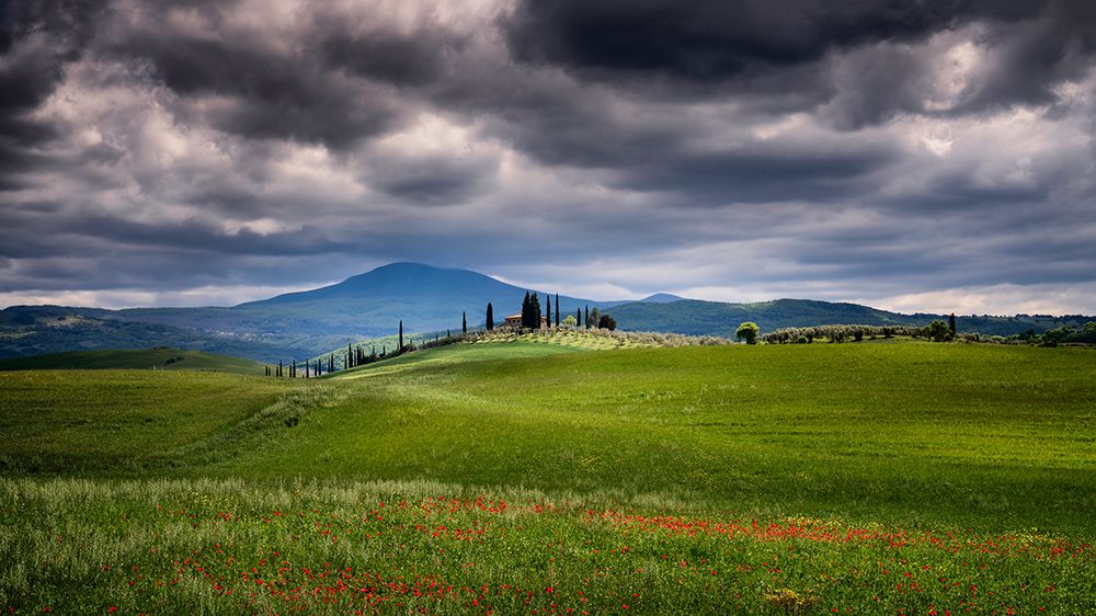 Art Print: Europe-Italy-Tuscany-Val d Orcia-Farmland under stormy sky