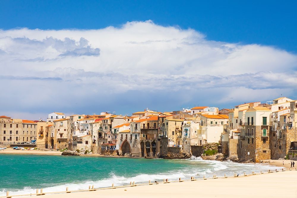 Wall Art Painting id:402893, Name: Palermo Province-Cefalu The beach on the Mediterranean Sea in the town of Cefalu, Artist: Wilson, Emily