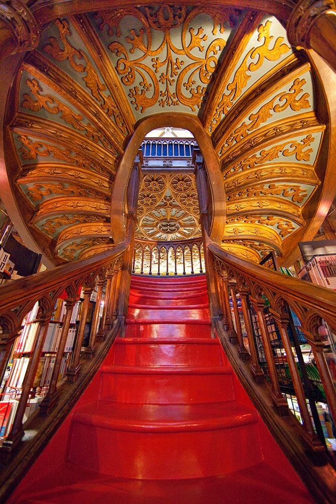 Art Print: Portugal-Porto Ornate staircase in the Lello Bookstore