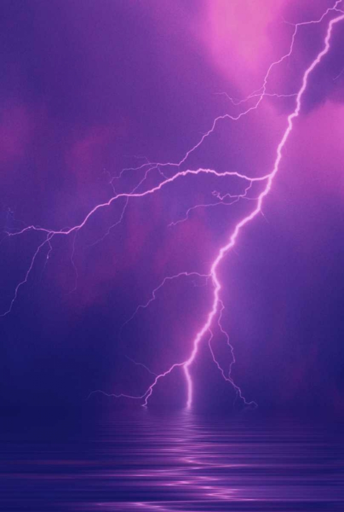 Art Print: Lightning bolts over water