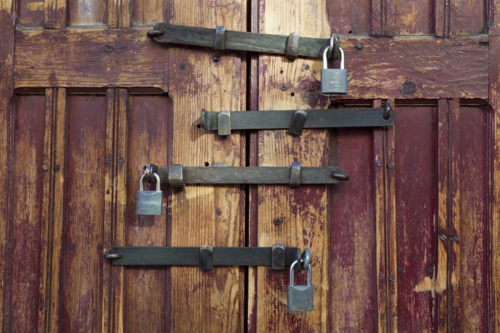 Art Print: Mexico Detail of wooden door with four locks