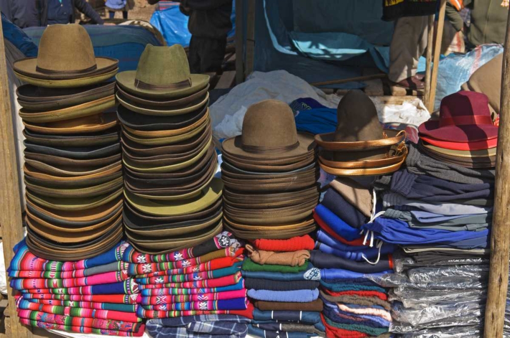 Wall Art Painting id:130790, Name: Peru, Pisac, Hats and clothes for sale at market, Artist: Kirkland, Dennis