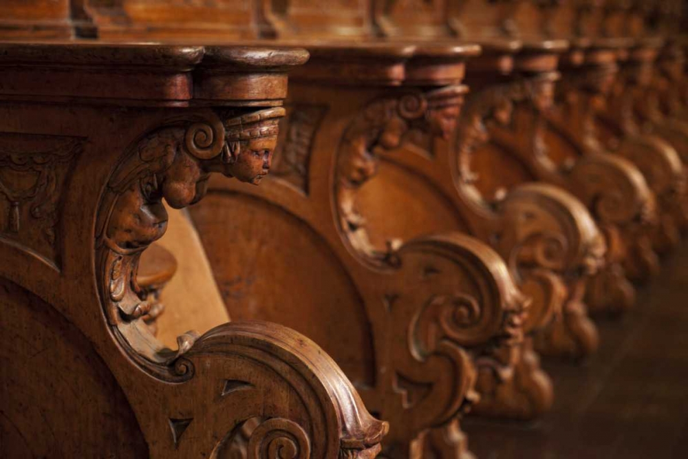 Art Print: Peru, Lima, Detail of wood seats in the cathedral