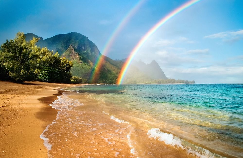 Art Print: A double rainbow over the coastline of a Hawaiian island Haena-Kauai-Hawaii