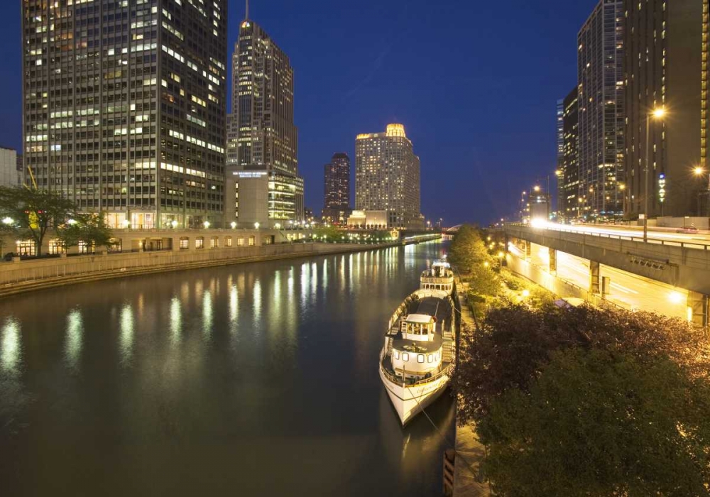 Wall Art Painting id:127982, Name: Illinois, Chicago Night along the Chicago River, Artist: Flaherty, Dennis