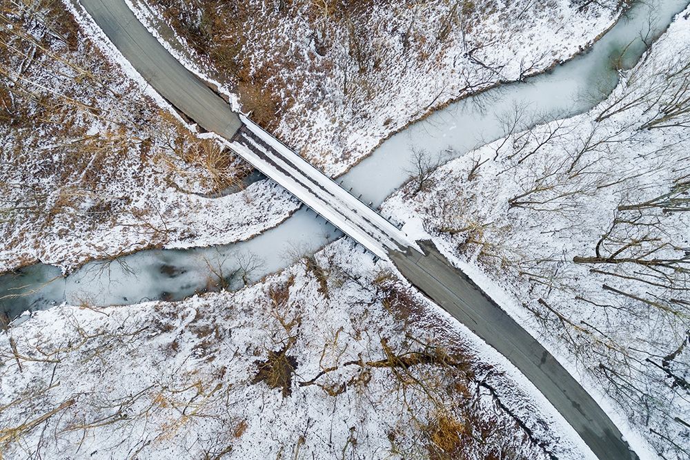 Art Print: Aerial view of winter forest-bridge-and creek Stephen A Forbes State Park-Marion County-Illinois
