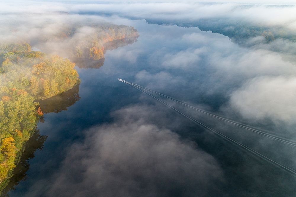 Art Print: Boat on lake in fog in fall at Stephen A Forbes State Park-Marion County-Illinois