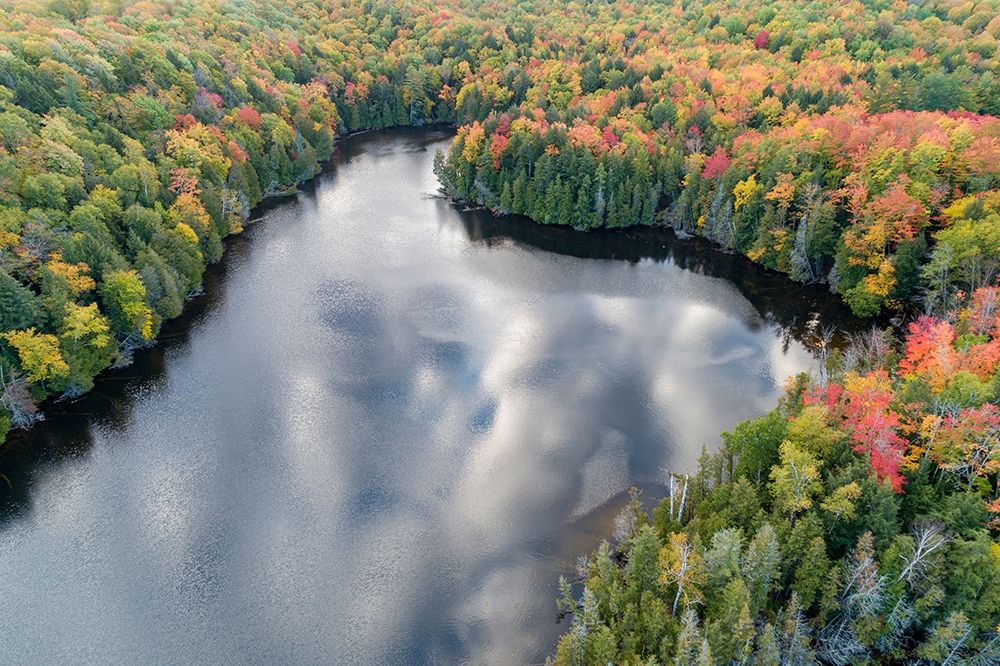 Art Print: Aerial view of Hugoboom Lake in fall color-Alger County-Michigan