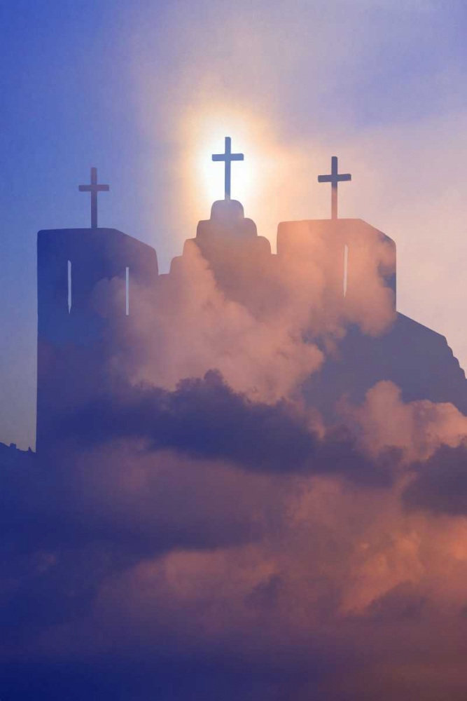 Art Print: New Mexico, Taos Composite of church and clouds