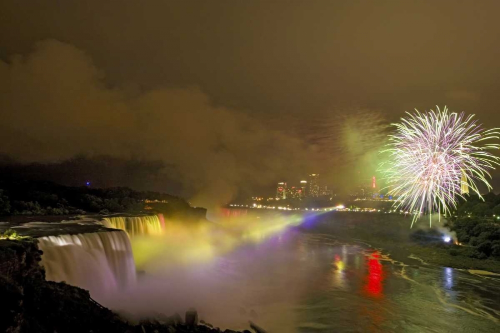Art Print: NY, Niagara Falls Fireworks over the waterfalls