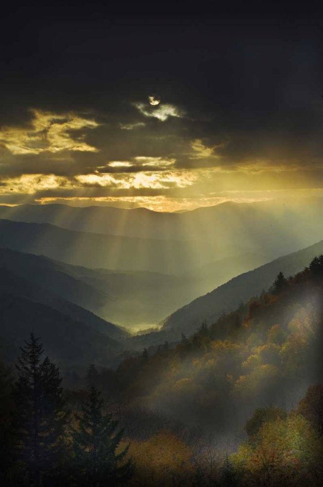 Wall art: NC, Great Smoky Mts God Rays over mountains, by Rotenberg, Nancy