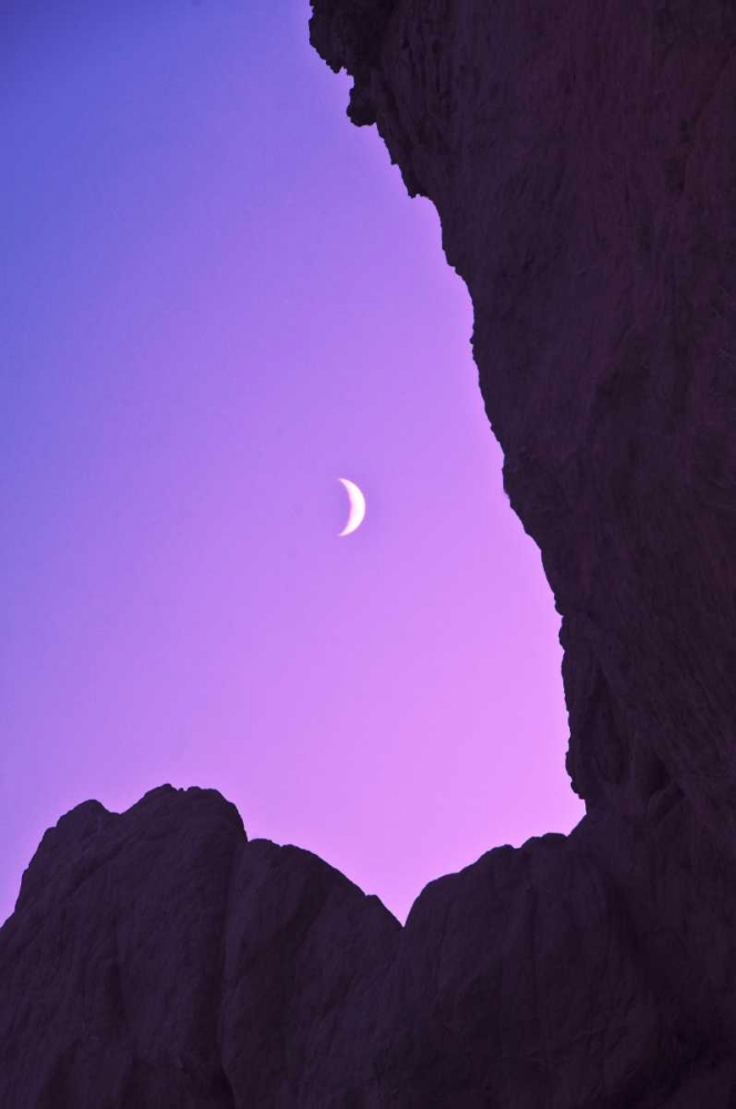 Art Print: OR, Crescent moon framed by sea stacks
