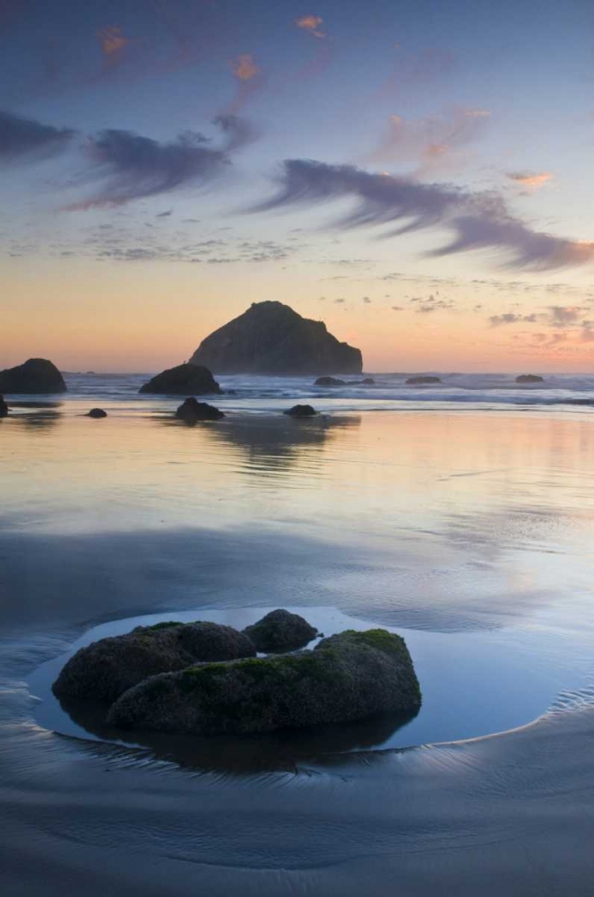 Art Print: OR, Bandon Beach Face Rock at twilight