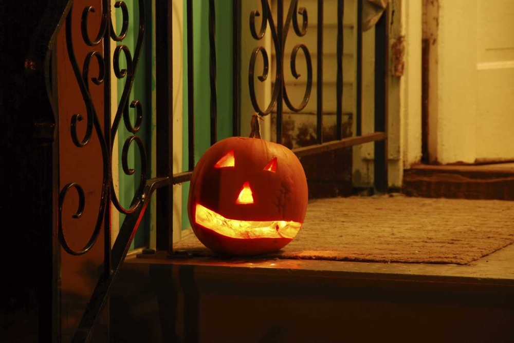 Art Print: OR, Portland Lighted jack-o-lantern on porch