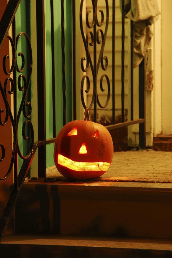 Art Print: OR, Portland Lighted jack-o-lantern on porch