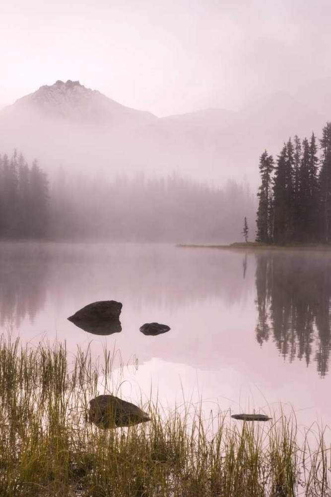Art Print: OR, Willamette NF Foggy sunrise on Scott Lake