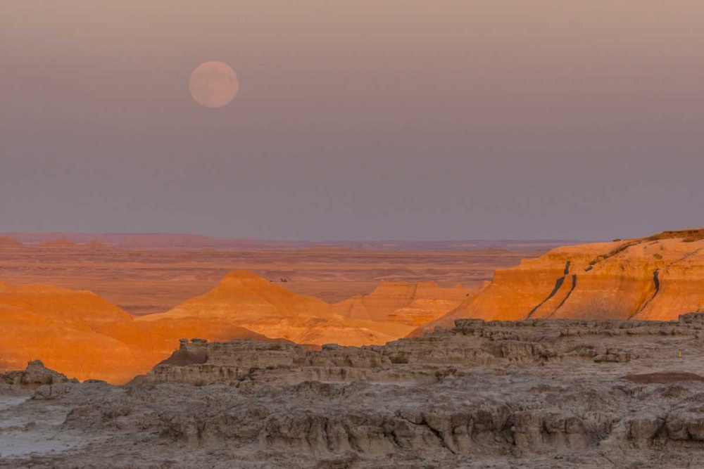 Art Print: SD, Badlands NP Moonrise over rugged landscape