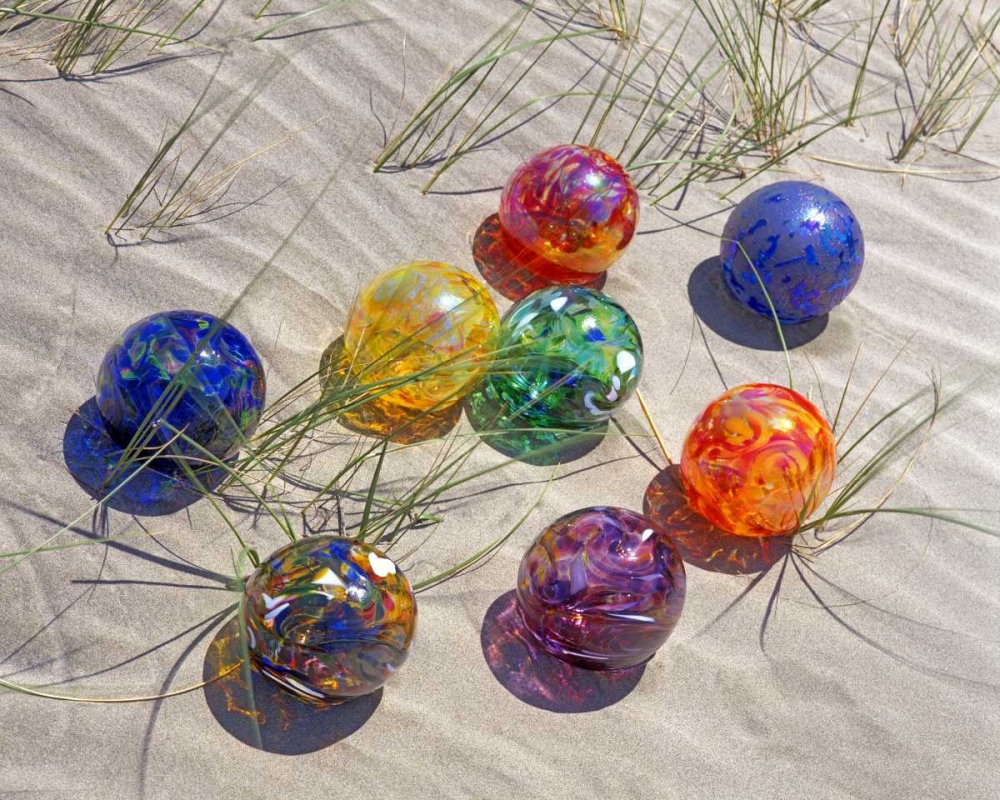 Art Print: USA, Oregon Colorful glass floats on sand dune