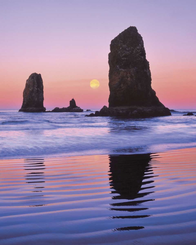 Art Print: OR, Cannon Beach Moonset at The Needles monolith