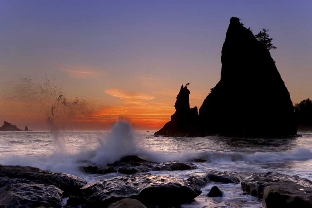 Art Print: WA, Olympic NP Sea stack at Rialto Beach, sunset