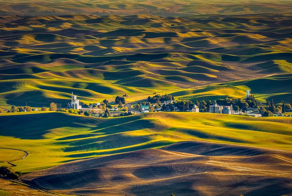 Art Print: Washington State-Palouse Steptoe Village and farmland at sunset 