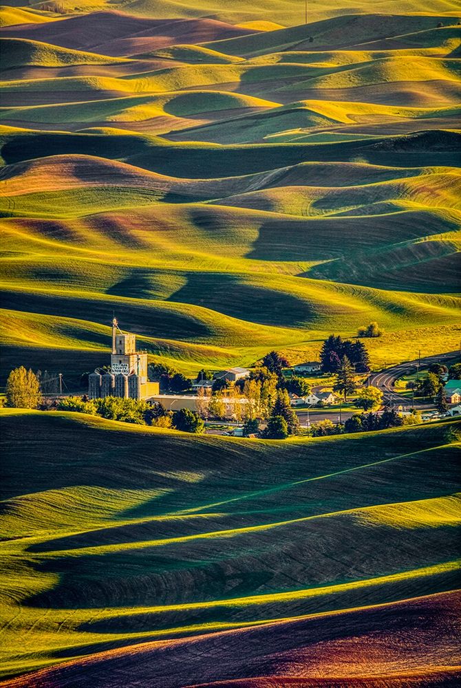 Art Print: Washington State-Palouse Steptoe Village and farmland at sunset 