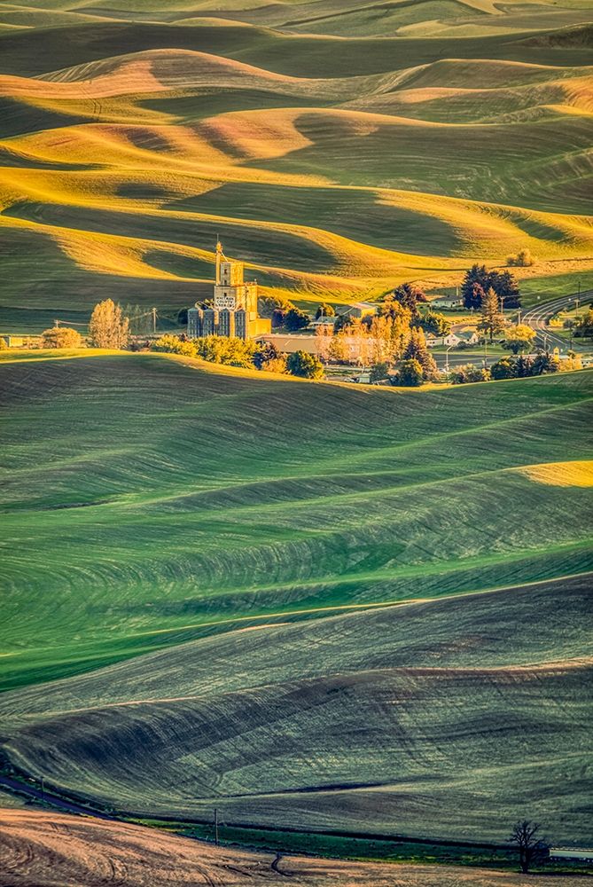 Art Print: Washington State-Palouse Steptoe Village and farmland at sunset 